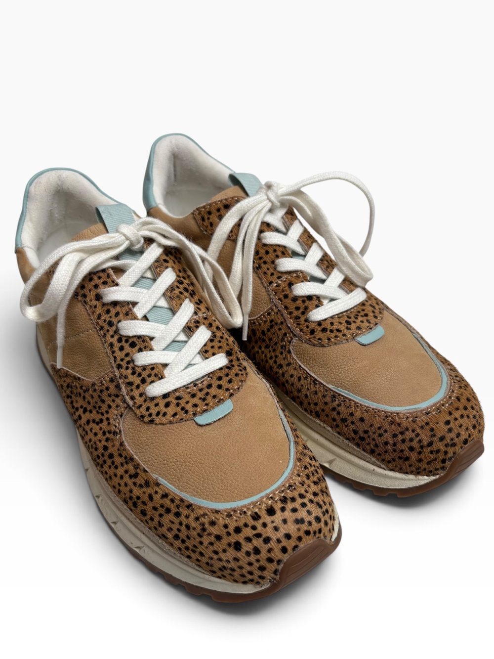 MADEWELL Women’s Tan Leopard Print Lace-Up Sneakers with Light Blue Trim